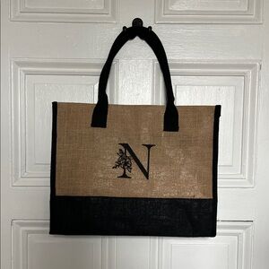 Monogrammed 'N' Jute Tote Bag in Natural and Black